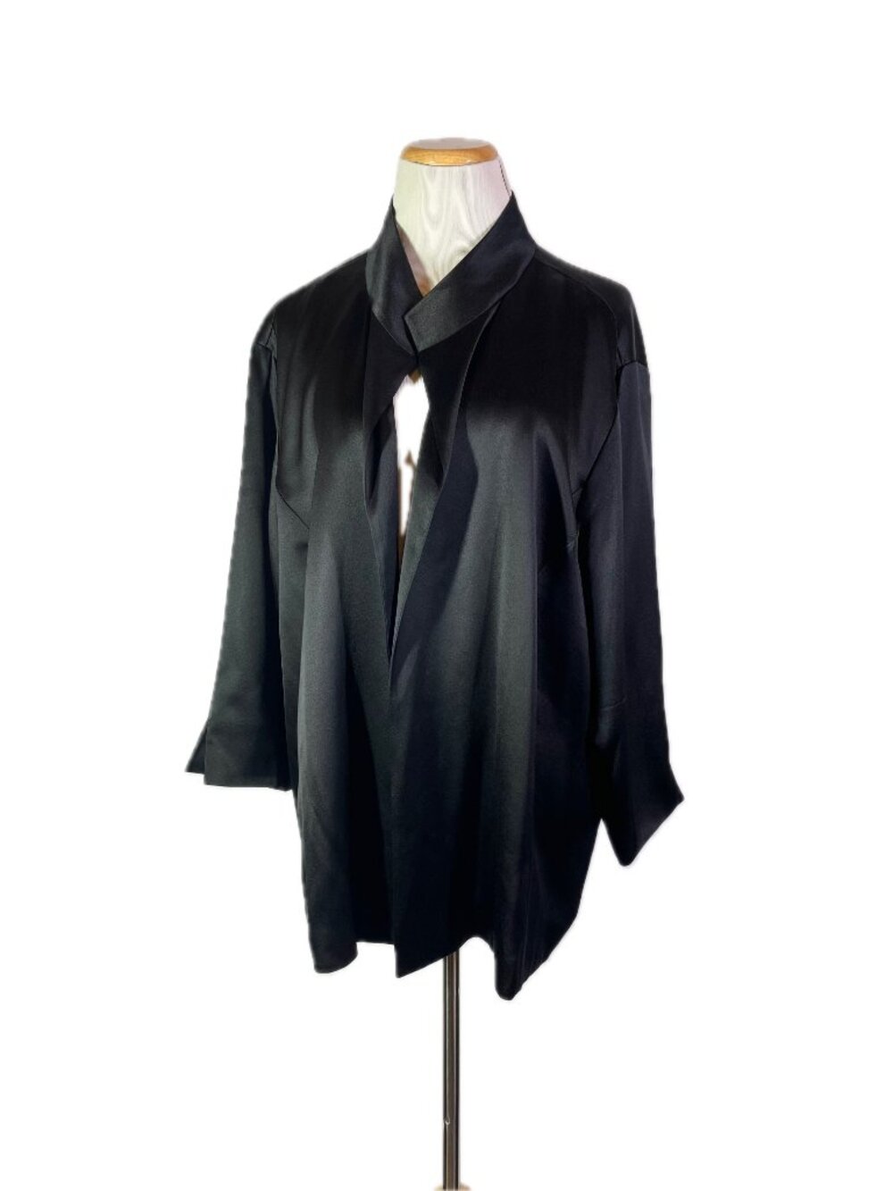 Eileen Fisher Size 3X Silk Satin Open-Front Jacket 3/4 Sleeves Black